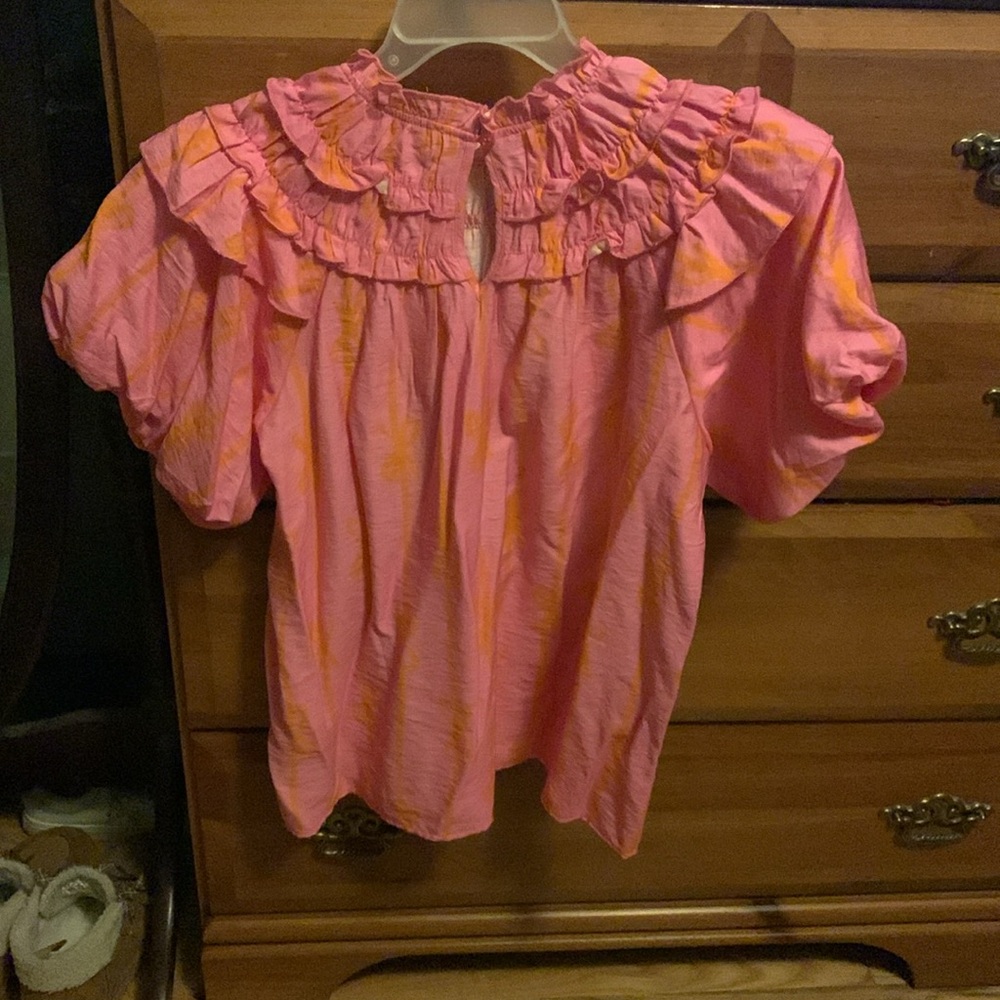 BiBi Pink Blouse with Orange Tie-Dye Ruffle Yoke with bows - Picture 2 of 2